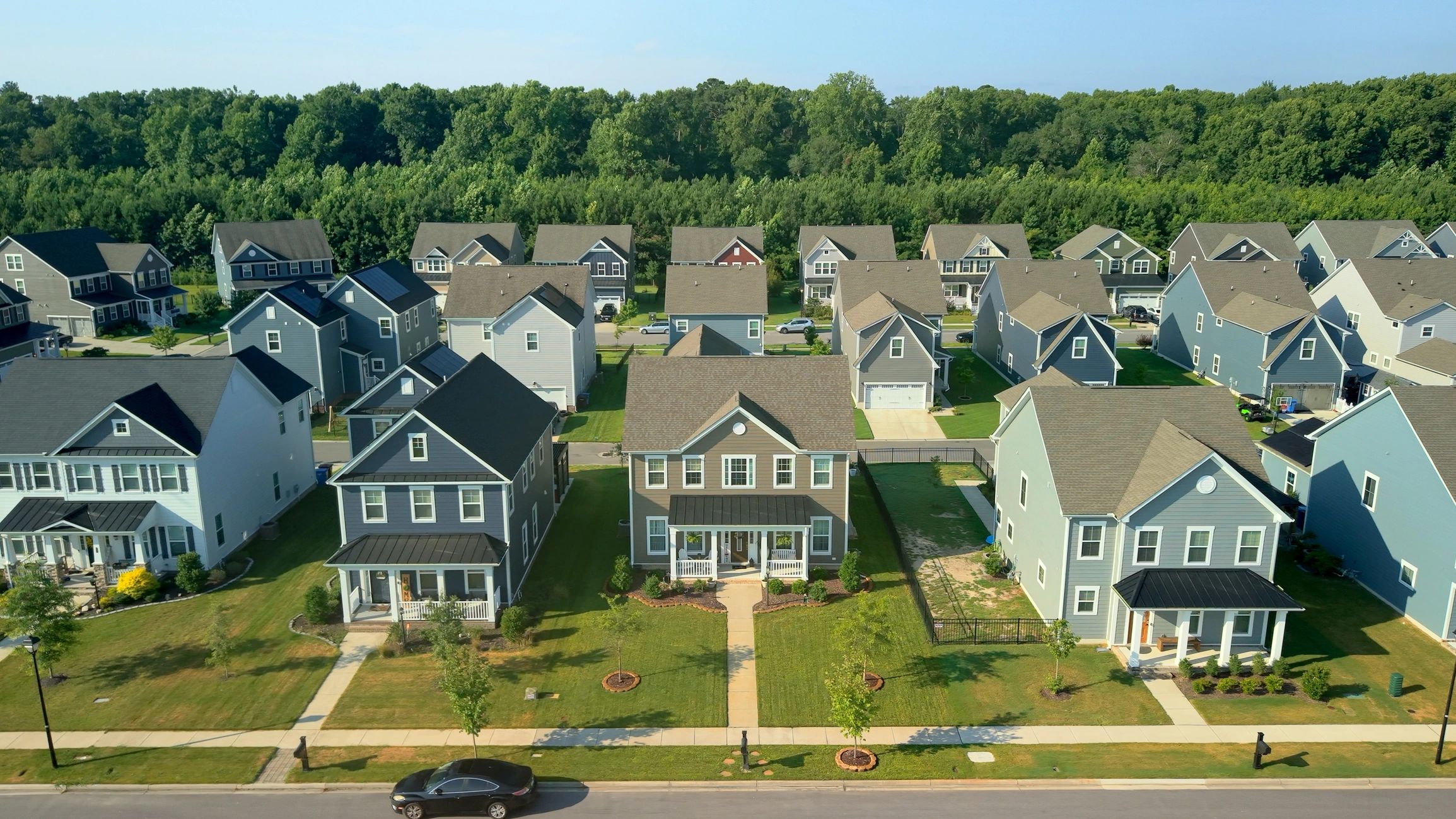 Aerial view of brick homes in a suburban neighborhood in Oklahoma